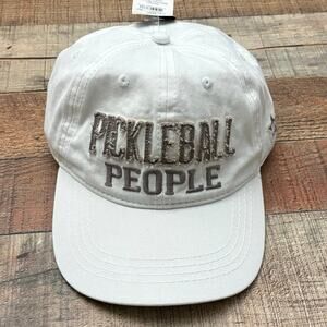 Pickleball People White Adjustable Hat Distressed tan Embroidery Baseball Cap